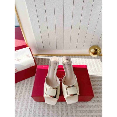 Roger Vivier Trompette Metal Buckle Mules in White Patent Leather