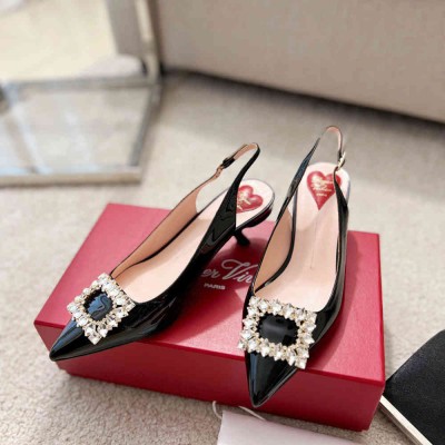 Roger Vivier Virgule Strass Buckle Slingback Pumps in Black Patent Leather
