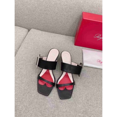 Roger Vivier Viv' Choc Side Strass Buckle Mules in Black Leather