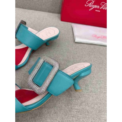 Roger Vivier Viv' Choc Side Strass Buckle Mules in Blue Leather