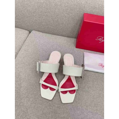 Roger Vivier Viv' Choc Side Strass Buckle Mules in White Leather