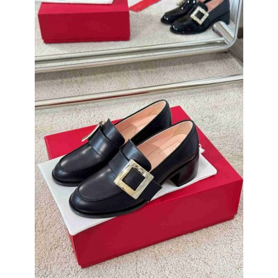 Roger Vivier Viv' Rangers Metal Buckle Loafers in Black Leather