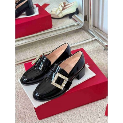 Roger Vivier Viv' Rangers Strass Buckle Loafers in Black Patent Leather