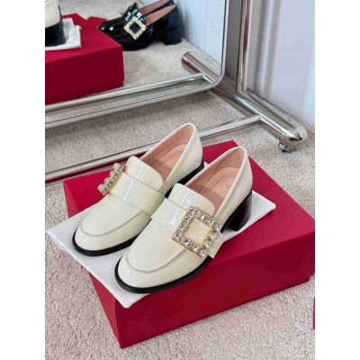Roger Vivier Viv' Rangers Strass Buckle Loafers in White Patent Leather