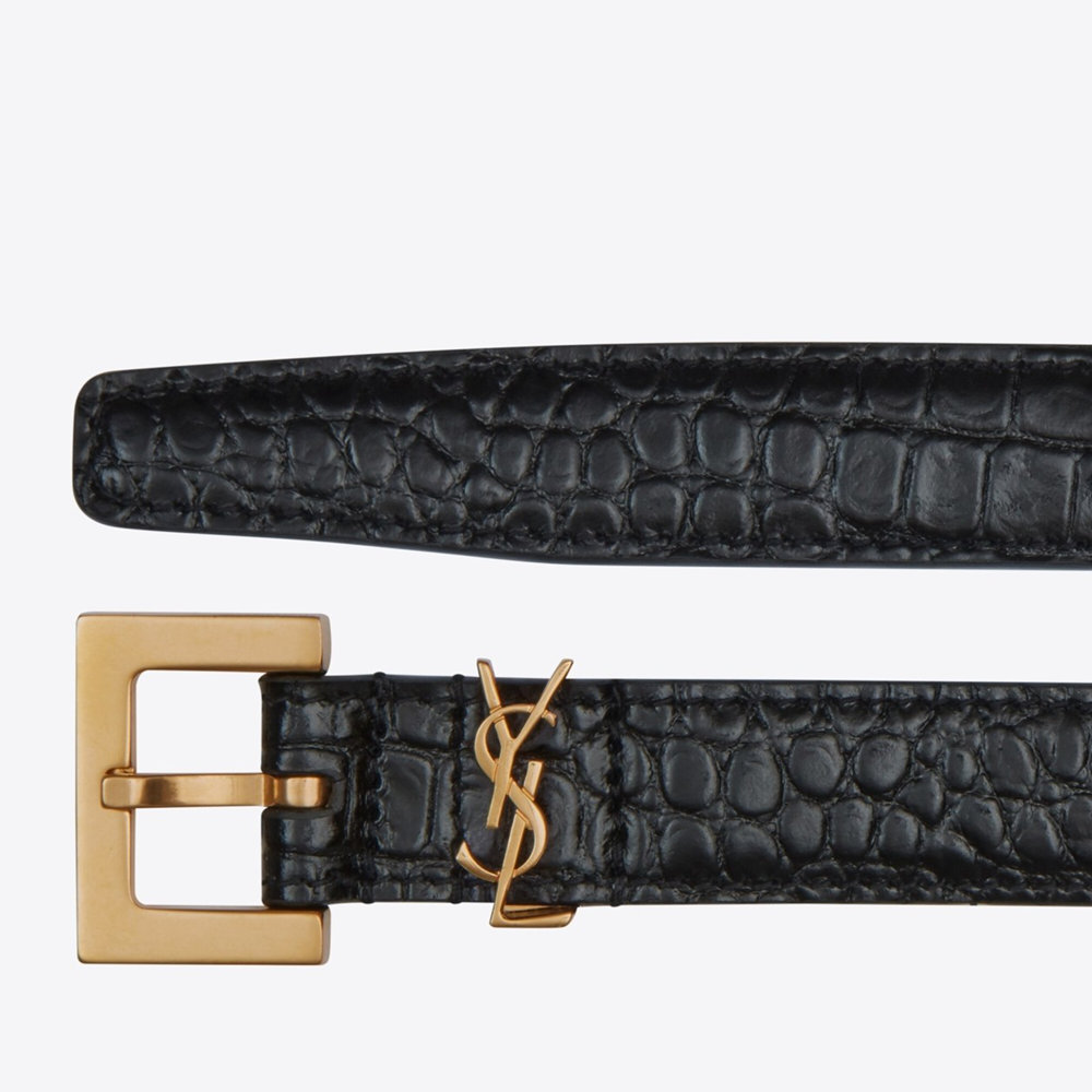 Saint Laurent Cassandre Square Buckle Belt 20MM In Black Crocodile-embossed Leather
