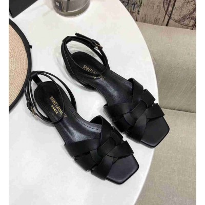 Saint Laurent Tribute Flat Sandals In Black Calfskin