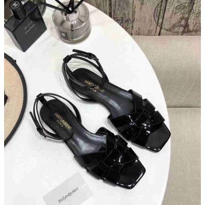 Saint Laurent Tribute Flat Sandals In Black Patent Leather
