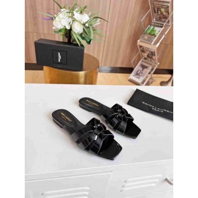 Saint Laurent Tribute Slides In Black Patent Leather