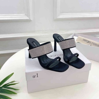 Sergio Rossi SR Paris Sandals 90MM in Black Satin with Rhinestones