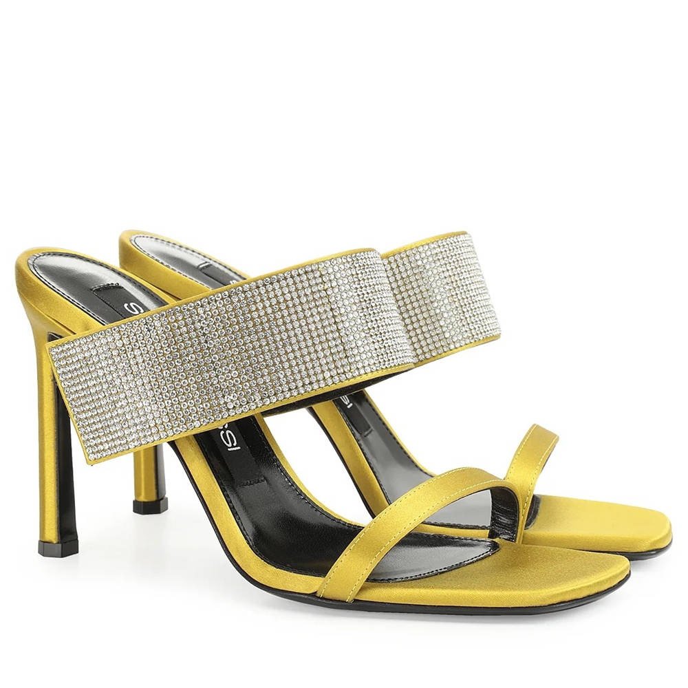 Sergio Rossi SR Paris Sandals 90MM in Yellow Satin with Rhinestones