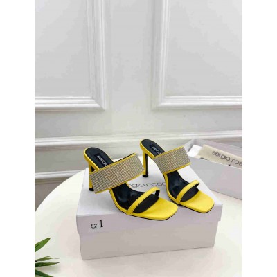 Sergio Rossi SR Paris Sandals 90MM in Yellow Satin with Rhinestones