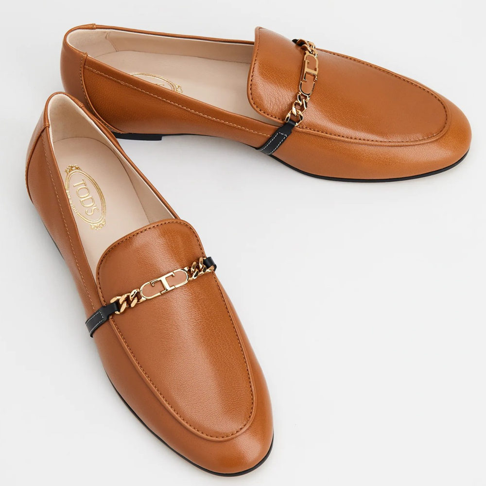 Tod's Brown Chain-embellished Leather Loafers