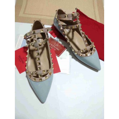 Valentino Caged Rockstud Ballet Flats In Light Blue Patent Leather
