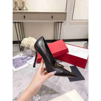 Valentino One Stud Pumps 100mm in Black Nappa Leather with Crystal