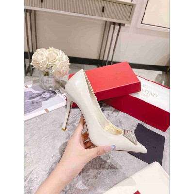 Valentino One Stud Pumps 100mm in White Nappa Leather with Crystal