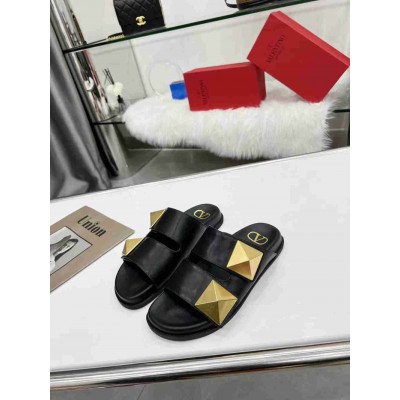 Valentino One Stud Slide Sandals In Black Calfskin