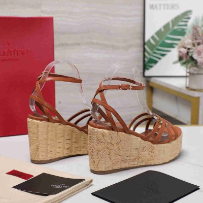 Valentino Raflower Wedge Sandals in Brown Calfskin