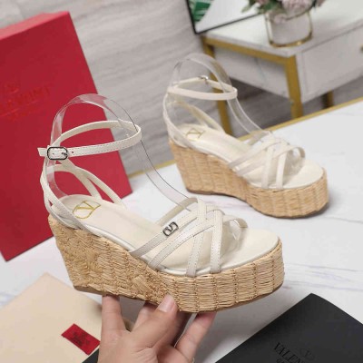 Valentino Raflower Wedge Sandals in White Calfskin