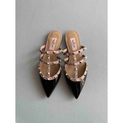 Valentino Rockstud Flat Mules In Black Patent Leather