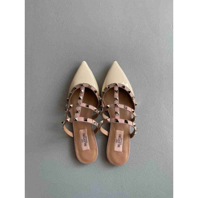 Valentino Rockstud Flat Mules In White Patent Leather