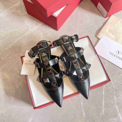 Valentino Roman Stud Ballet Flats In Black Calfskin with Tonal Studs