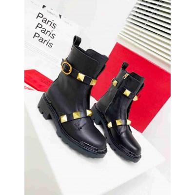 Valentino Roman Stud Combat Boots In Black Calfskin