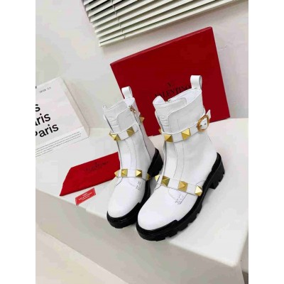 Valentino Roman Stud Combat Boots In White Calfskin