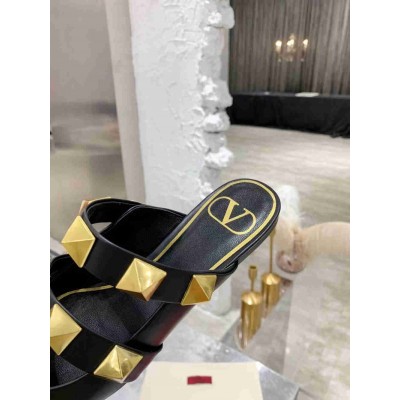 Valentino Roman Stud Flat Mules In Black Leather