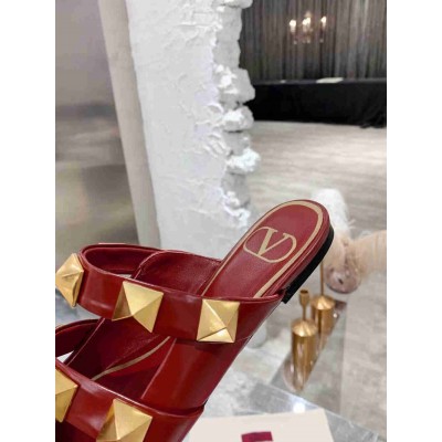 Valentino Roman Stud Flat Mules In Bordeaux Leather
