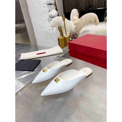 Valentino Roman Stud Flat Mules In White Calfskin