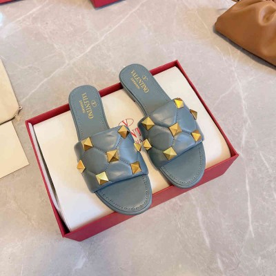 Valentino Roman Stud Flat Slides In Blue Quilted Nappa