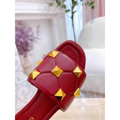 Valentino Roman Stud Flat Slides In Red Quilted Nappa