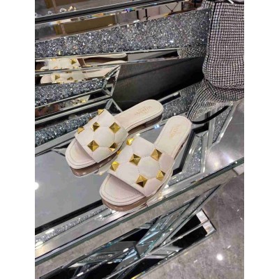 Valentino Roman Stud Flat Slides In White Quilted Nappa