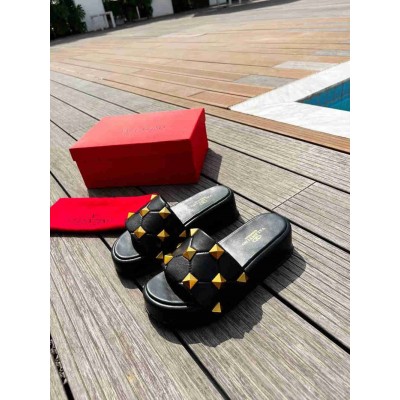 Valentino Roman Stud Flatform Slides In Black Nappa Leather