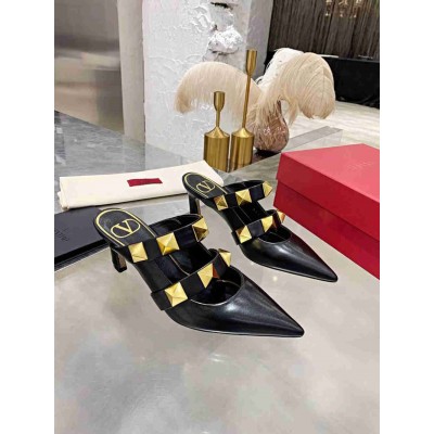Valentino Roman Stud Mules 65mm In Black Calfskin