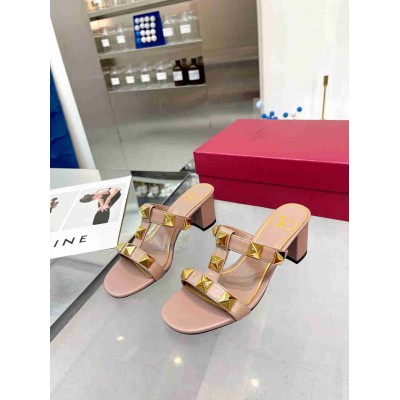 Valentino Roman Stud Slide Sandals 60mm In Rose Cannelle Calfskin