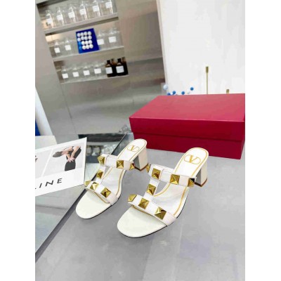 Valentino Roman Stud Slide Sandals 60mm In White Calfskin