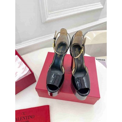 Valentino Tan-Go Platform Sandals 155mm In Black Patent Leather