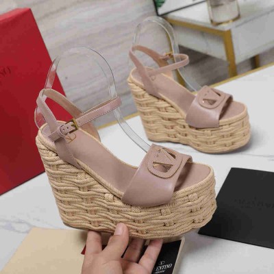 Valentino VLogo Cut-out Espadrille Wedge Sandals in Beige Leather