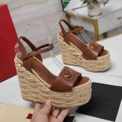 Valentino VLogo Cut-out Espadrille Wedge Sandals in Brown Leather