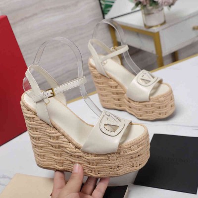 Valentino VLogo Cut-out Espadrille Wedge Sandals in White Leather