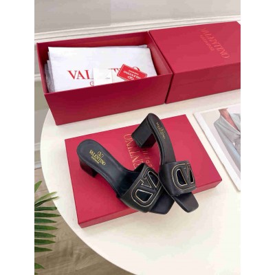 Valentino VLogo Cut-out Slide Sandals 60mm in Black Leather