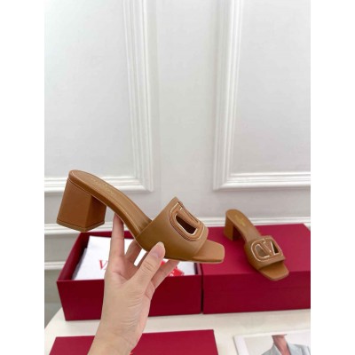 Valentino VLogo Cut-out Slide Sandals 60mm in Brown Leather