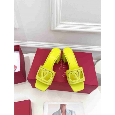 Valentino VLogo Cut-out Slide Sandals 60mm in Yellow Leather