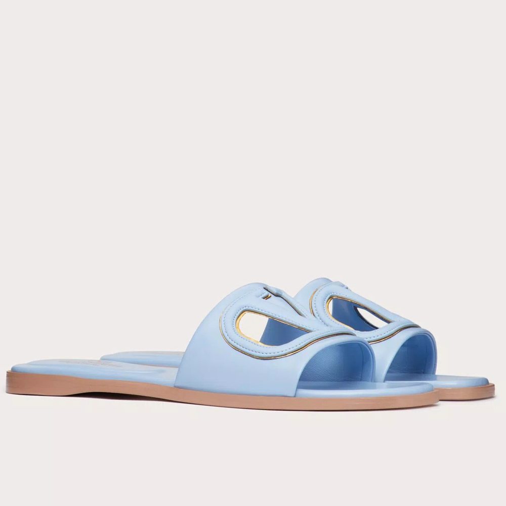 Valentino VLogo Cut-out Slide Sandals in Blue Leather