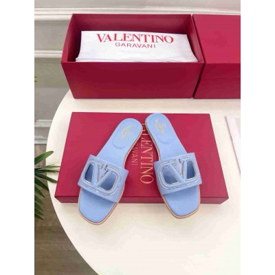 Valentino VLogo Cut-out Slide Sandals in Blue Leather