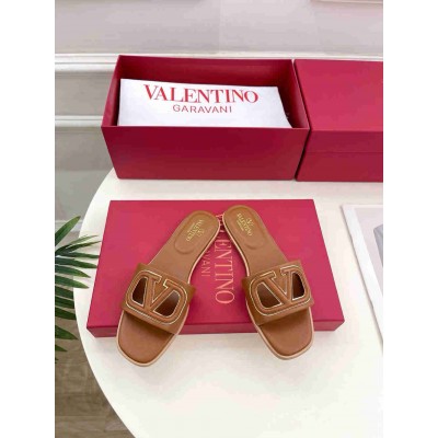 Valentino VLogo Cut-out Slide Sandals in Brown Leather