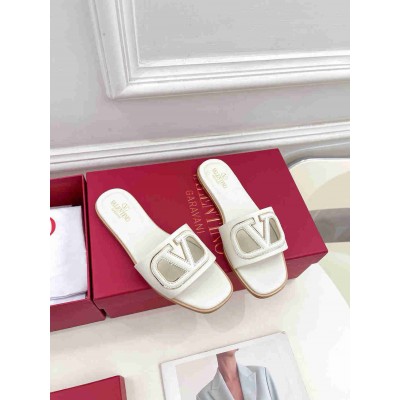 Valentino VLogo Cut-out Slide Sandals in White Leather