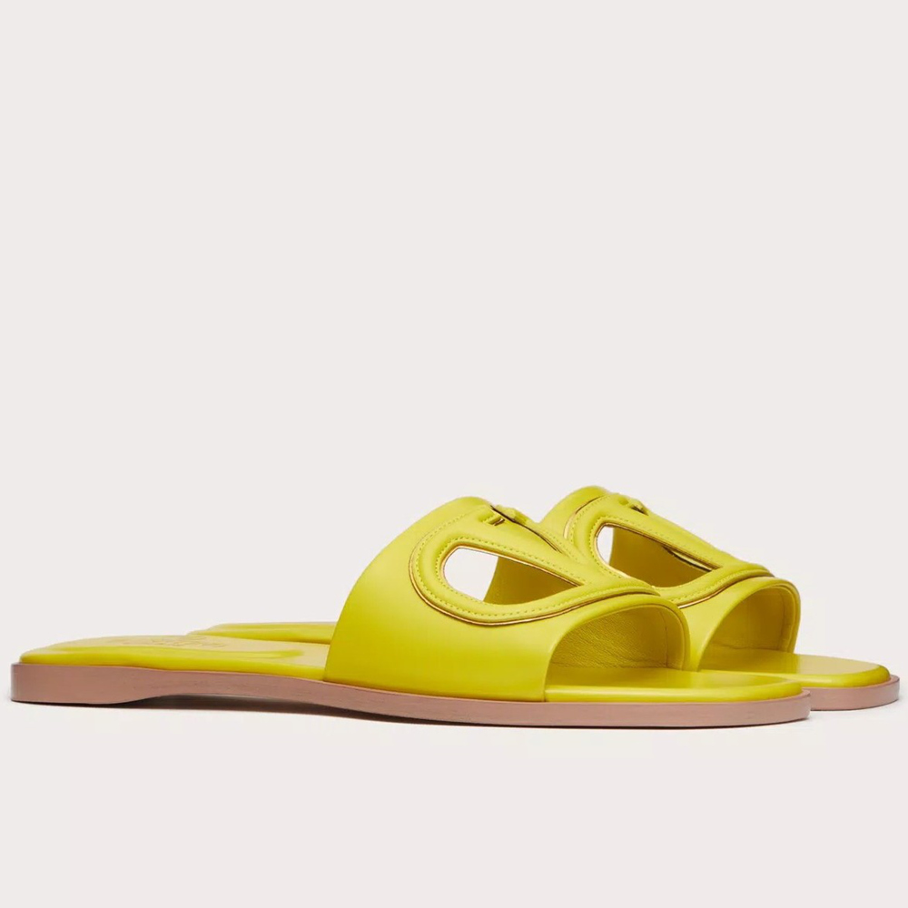 Valentino VLogo Cut-out Slide Sandals in Yellow Leather