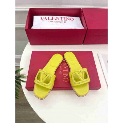 Valentino VLogo Cut-out Slide Sandals in Yellow Leather